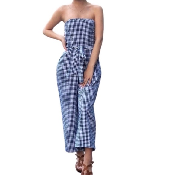 Kenar Gingham blue white checkered strapless jumpsuit waist tie  100% cotton XS - Picture 16 of 16